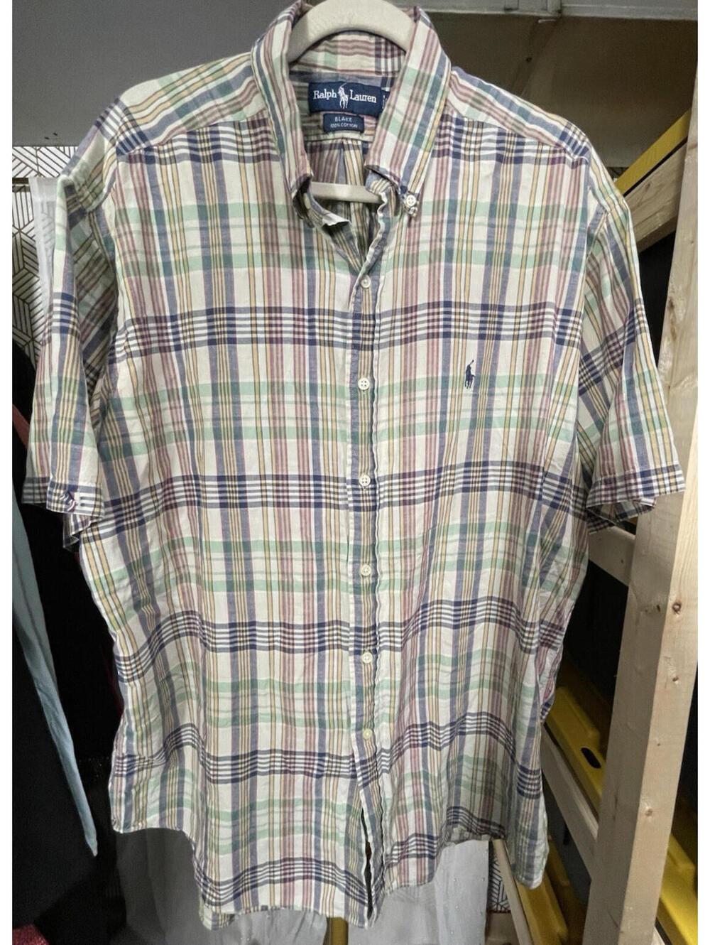 Vtg Ralph Lauren Blake Men's L Madras Plaid Shirt SS Multicolor Pony Preppy 90's